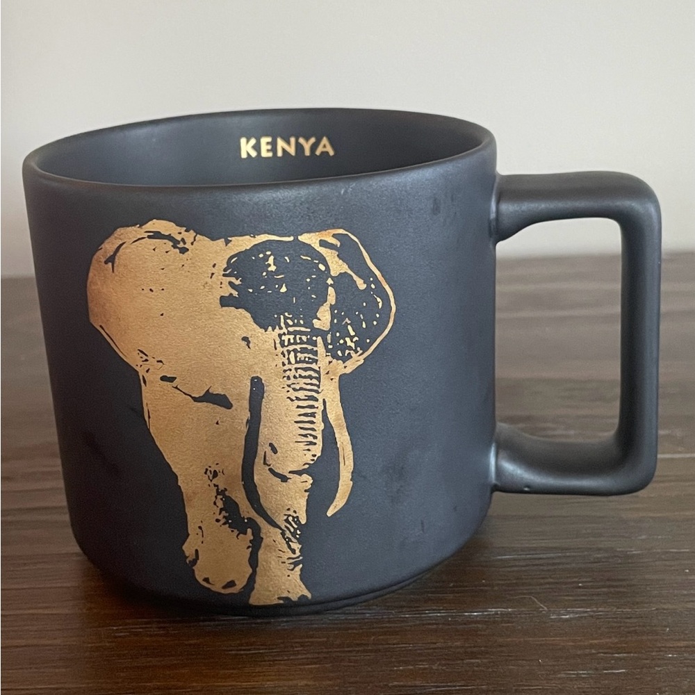 STARBUCKS - 2016 KENYA Elephant Coffee Mug Cup Black Matte Finish Gold 14 oz